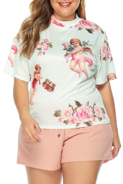 Summer Hot Stylish Children Floral Printed High Neck Short Sleeve Oversize Loose T-Shirts