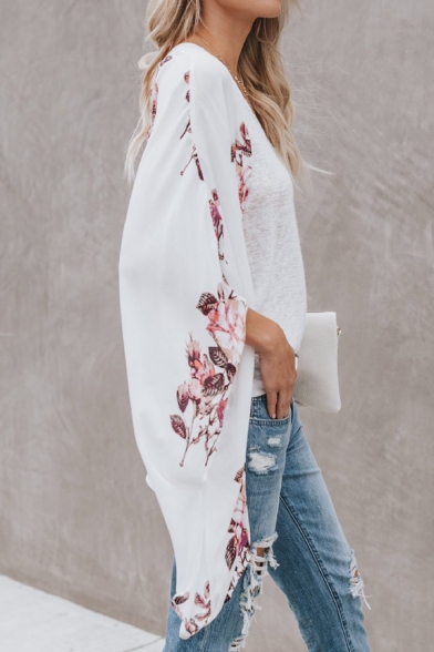 Summer Hot Stylish White Floral Print Long Sleeve Open Front Oversize Chiffon Shirt
