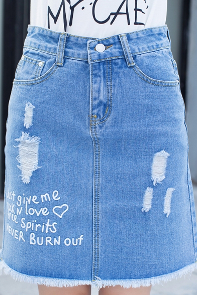 Summer Light Blue Simple Heart Letter Printed Destroyed Ripped Fringed Hem Mini A-Line Denim Skirt