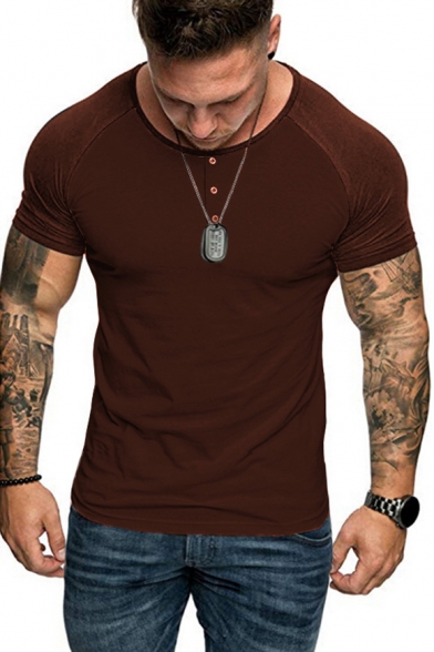 Summer Mens Trendy Button Round Neck Short Sleeve Plain Slim T-Shirt Henley Shirt