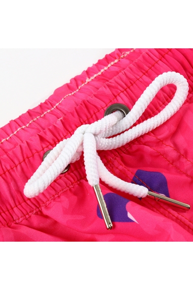 Summer New Cartoon Printed Pink Drawstring Waist Sport Beach Shorts Swim Trunks for Men with Pocket and Mesh Liner