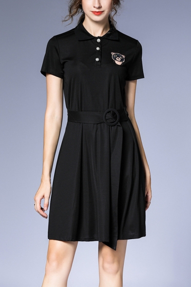 Summer Popular Plain Short Sleeve Button Front Neck Cat Printed Mini A-Line Polo Dress