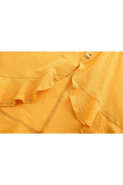 Summer Popular Yellow Elastic Waist Button Down Holiday Midi Ruffled Skirt