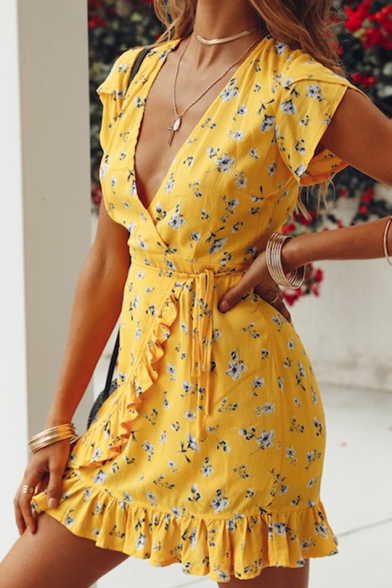 Yellow Floral Wrap Dress Deals, 54% OFF ...