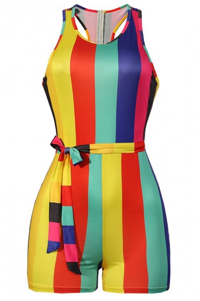 Summer Sexy Girls Hot Stylish Sleeveless Rainbow Striped Print Tie-Side Zip- Back Fitted Romper