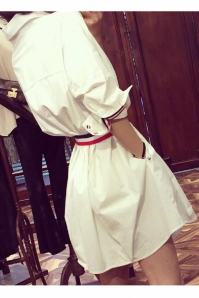 Summer Stylish White V Neck 3/4 Length Sleeve Belt-Waist Mini A-Line Shirt Dress