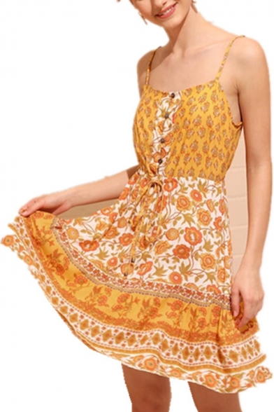 Summer Stylish Yellow Floral Printed Button Front Drawstring Waist Mini A-Line Cami Dress