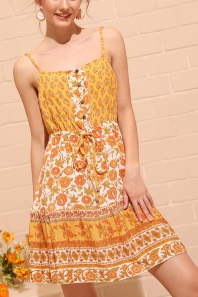 Summer Stylish Yellow Floral Printed Button Front Drawstring Waist Mini A-Line Cami Dress