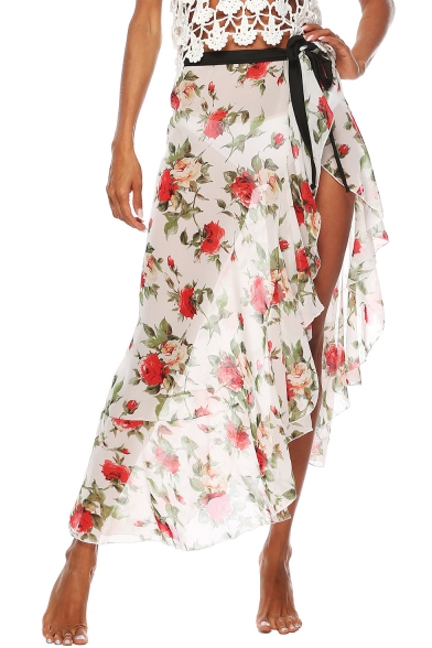 Summer Sweet White Floral Printed Ruffled Hem Maxi Beach Wrap Skirt