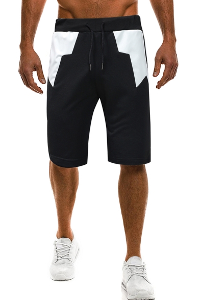 Summer Trendy Colorblock Leather Patched Drawstring Waist Cotton Casual Sweat Shorts for Men