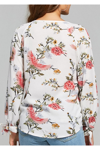 Summer Trendy Floral Printed Crisscross Surplice V-Neck White Chiffon Blouse Top