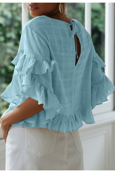 Summer Trendy Simple Plain Round Neck Layer Ruffle Flared Sleeve Loose Blouse Top
