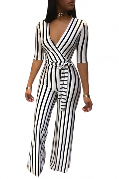 Summer Womens New Stylish White Striped Plunge V-Neck Short Sleeve Wide leg Fitted Jumpsuits