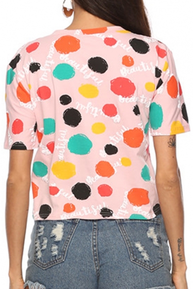 Summer Womens Simple Polka Dot Print Round Neck Short Sleeve Crop T-Shirt