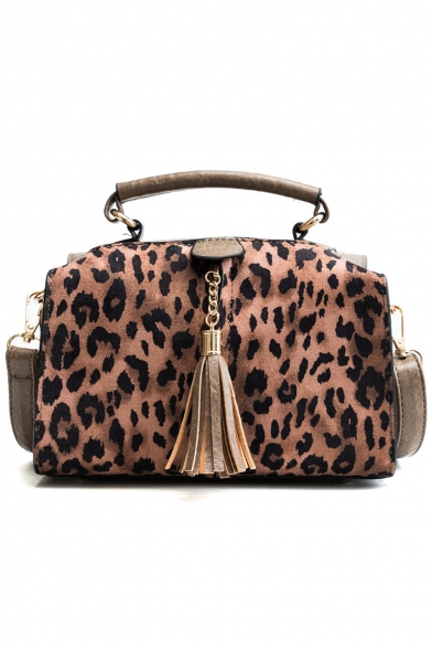 Trendy Leopard Pattern Tassel Embellishment Boston Handbag Satchel Messenger Bag 21*15*9 CM