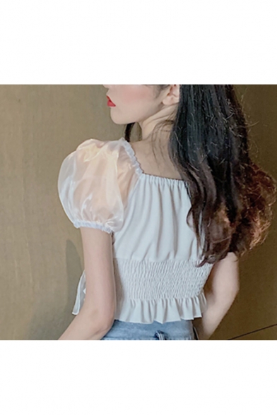 Trendy Plain Bubble Sleeve Bow Knotted Shirred Chiffon Lace Sweet Cute Blouse