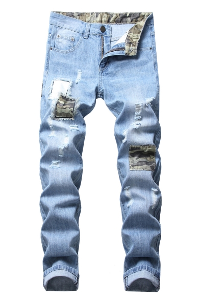 Trendy Popular Camouflage Printed Patched Zip-fly Light Blue Ripped Jeans