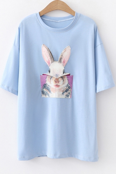 Unique Funny Cartoon Rabbit Patched Short Sleeve Casual T-Shirt