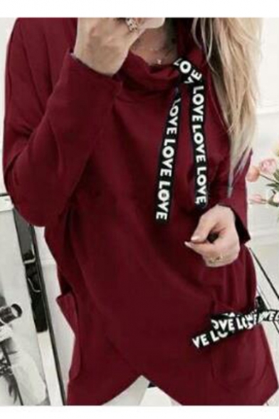 Unique Popular Letter Ribbon Cowl Neck Long Sleeve Fitted Pullover Sweatshirt