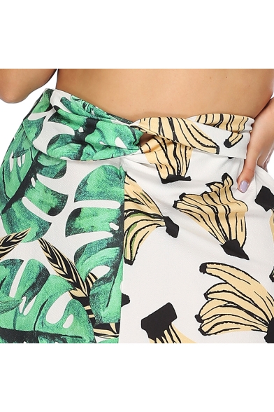 Women Plus Size Fashion Two-Tone Green and White Leaf Banana Print Midi A-Line Skirt