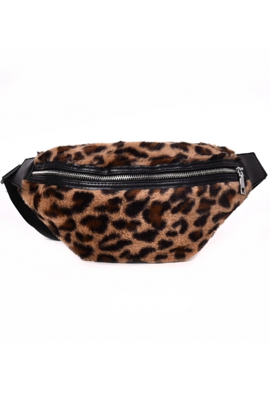 Women's Fashion Leopard Pattern Plush Waist Belt Bag with Zipper 28*16*2 CM