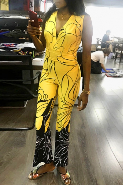 Women's Sexy Yellow Patchwork Colorblock Printed Plunge V-Neck Chic Shaped Fit Jumpsuit
