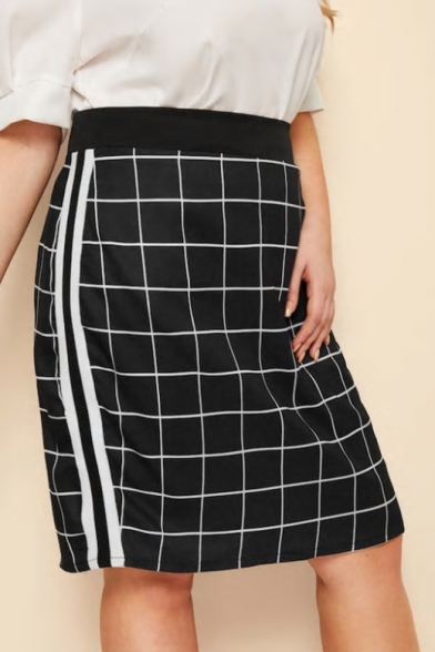 Women's Trendy Black and White Plaid Printed Stripe Side Mini Tube Fitted Skirt