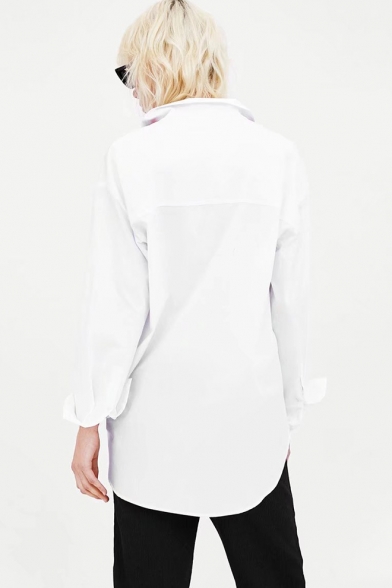 Womens Classic White Striped Print Long Sleeve Casual Poplin Shirt Blouse