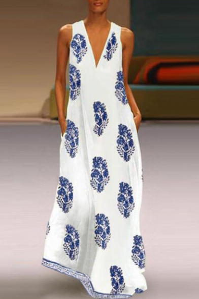 Womens Fancy Retro Summer Leaf Printed V-Neck Sleeveless Maxi Swing Beach Tank Dress