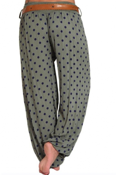 Womens Fashion Fancy Polka Dot Printed Belt Waist Casual Loose Holiday Bloomer Pants