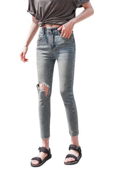 Womens Fashion High Rise Ripped Knee Cut Cropped Blue Slim Fit Jeans