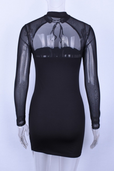 Womens Fashion Sexy Halter Neck Mesh Long Sleeve Plain Black Mini Bodycon Dress