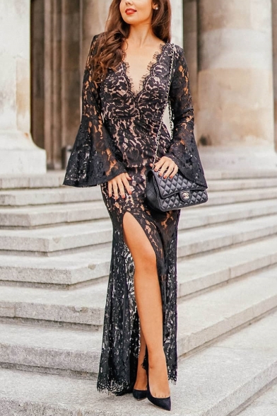 Womens Hot Classic Sheer Lace Bat Sleeve V Neck Split Side Maxi Petite Evening Dress
