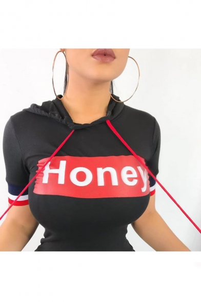 Womens Hot Stylish Black Honey Letter Print Contrast Trim Short Sleeves Fitted Mini Hoodie Dress