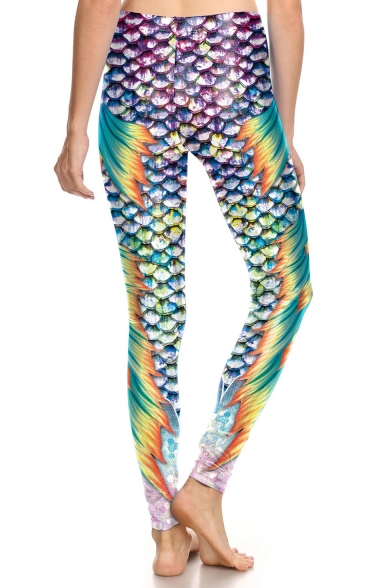 Womens Hot Trendy Elastic Waist Fish Scale Printed Skinny Legging Pants