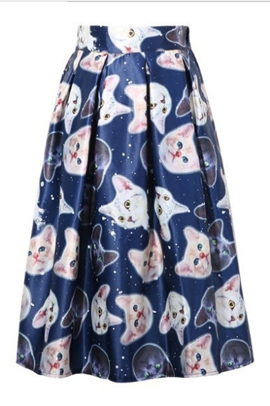 Womens Hot Trendy Galaxy Cat Printed High Rise Midi A-Line Flared Skirt