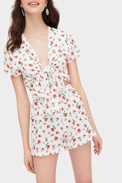 Womens New Stylish White Floral Print Plunge V-Neck Short Sleeves Cutout Bow Knot Tie Fitted Rompers