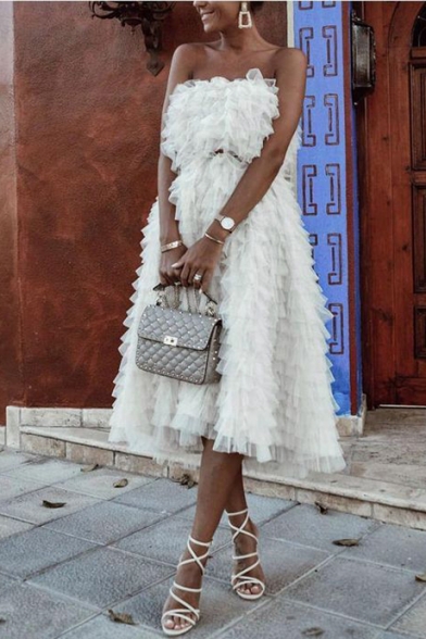 Womens New Trendy Designer Unique Strapless White Midi Layered Bandeau Dress