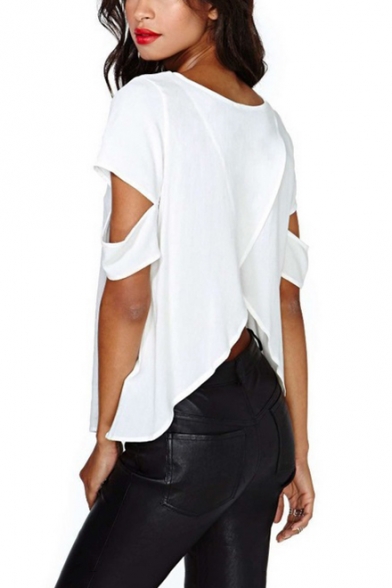 Womens Simple PLain Hollow Out Sleeve White Chiffon T-Shirt Top