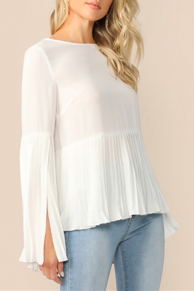 Womens Simple Plain Round Neck Split Bell Long Sleeve Pleated White Chiffon Blouse Top