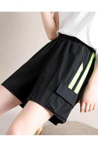 Womens Summer Colorblocked Elastic Waist Flap Pocket Side Loose Cargo Shorts