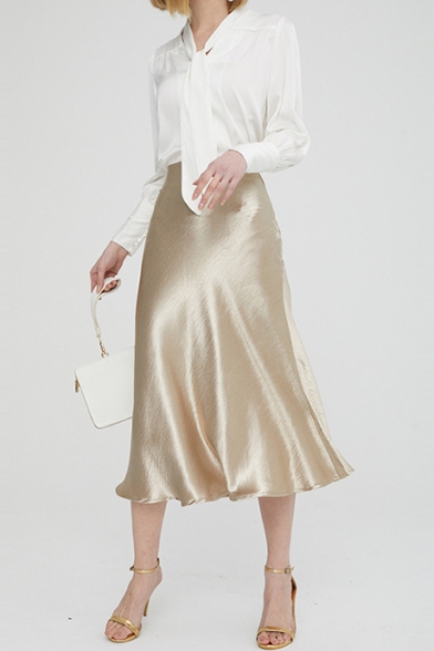 Womens Summer Hot Fashion Plain Metallic Color Satin Midi Flared Skirt
