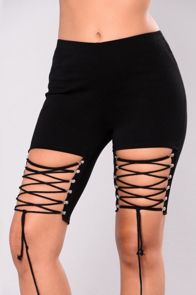 Womens Summer Hot Trendy Sexy Hollow Out Lace-Up Plain Black Skinny Half Shorts