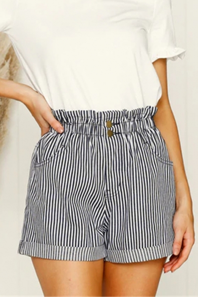 Womens Trendy Black and White Pinstriped Print Rolled Cuff Fitted Shorts
