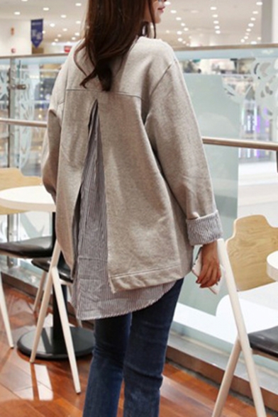 Womens Unique Light Grey Fake Two-Piece Striped Patched Round Neck Long Sleeve High Low Sweatshirt