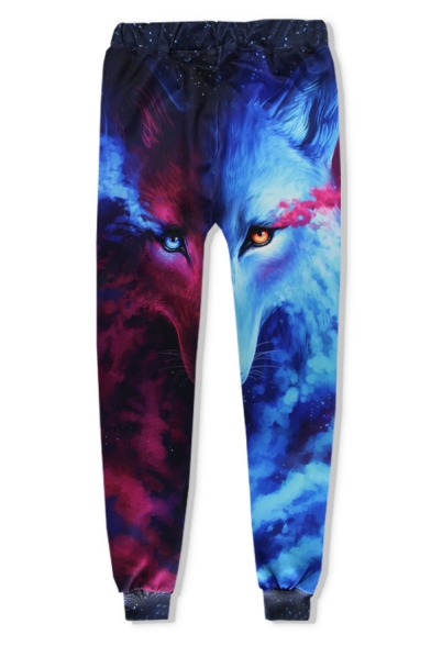 3D Wolf Galaxy Printed Drawstring Waist Dark Blue Casual Sport Sweatpants