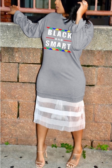 BLACK AND SMART Letter Printed Mesh Panel Hem Round Neck Long Sleeve Midi Grey Sweatshirt Dress