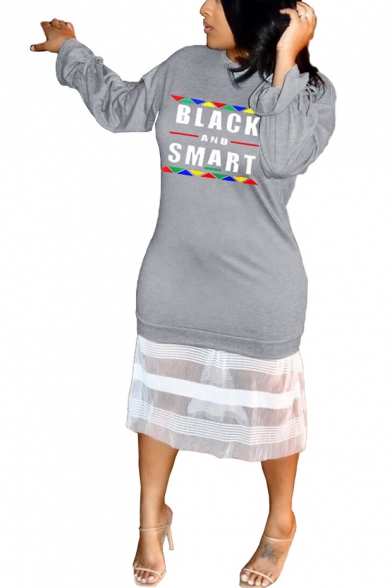 BLACK AND SMART Letter Printed Mesh Panel Hem Round Neck Long Sleeve Midi Grey Sweatshirt Dress