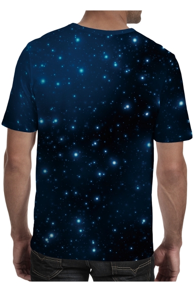Blue Starry Galaxy 3D Printed Round Neck Short Sleeve Casual T-Shirt