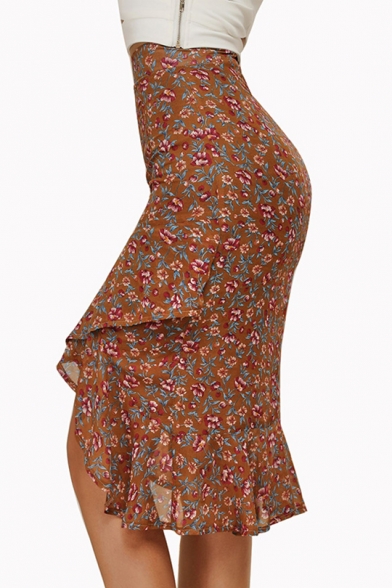 Brown Floral Printed Womens Chiffon Midi Bodycon Ruffled Skirt